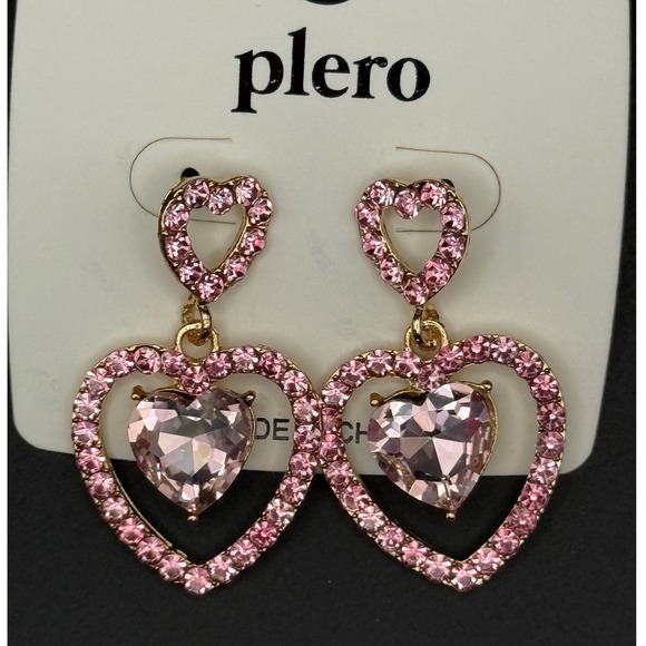 Heart‎ Dangle Earrings Pink Crystal Gold Tone Romantic Jewelry - Picture 3 of 4